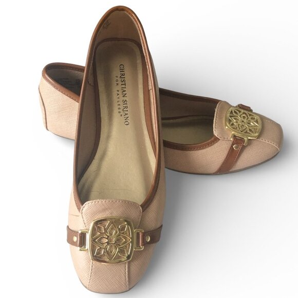 Christian Siriano Shoes - Christian Soriano for PL Tan Flat Womens Shoes with Gold Emblem Detail on Toes 7